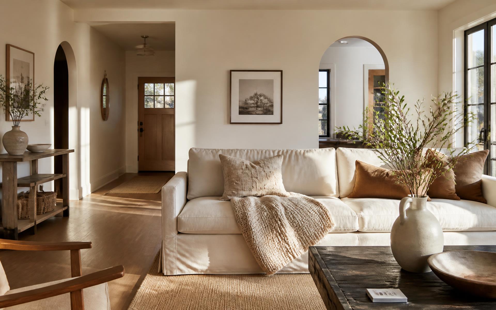 Sunlit American living room styled with a linen sofa, knit throw, ceramic vases, and a jute rug